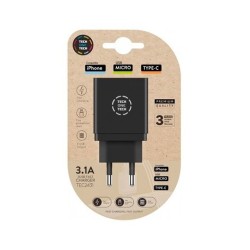CARGADOR TECH ONE TECH TRIPLE DE PARED NEGRO