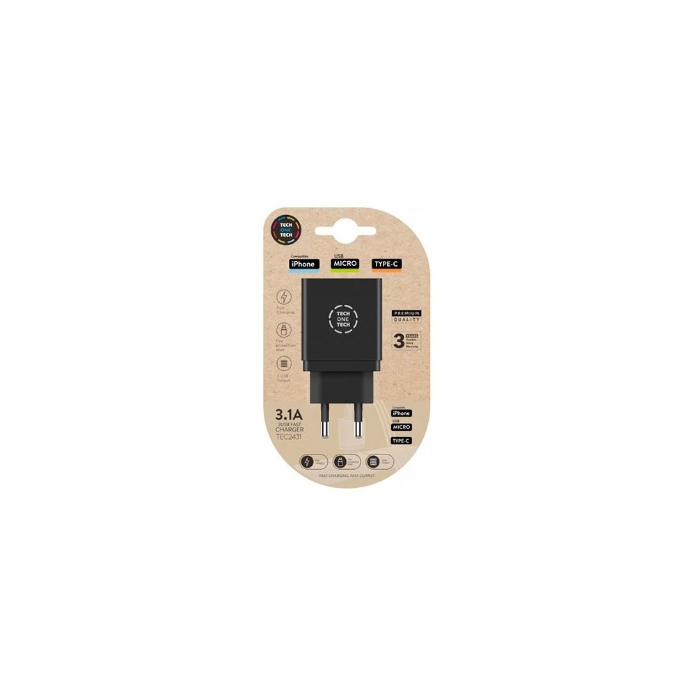 CARGADOR TECH ONE TECH TRIPLE DE PARED NEGRO