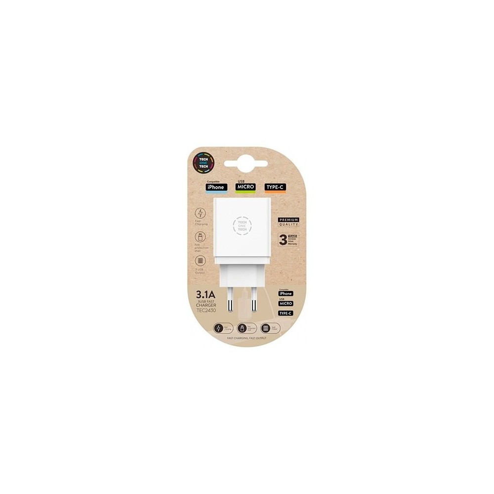 CARGADOR TECH ONE TECH TRIPLE DE PARED BLANCO